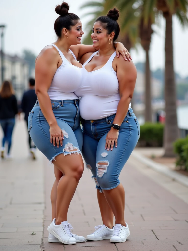 1 Italian woman, 50 years old, hourglass body, small nose, large lips, long narrow jaw, cleft chin, smiling, wearing a colorful t-shirt and torn jeans, full body, legs apart, (large breasts), big butt, big hips, curvy body, excellent quality, ultra detailed, charming, single woman, soft ass, wide hips, long wavy black hair, Realism, (((dynamic pose), perfect, looking at the viewer, detailed face, diffused light, ( ((she walks on the beach with her girlfriend)))