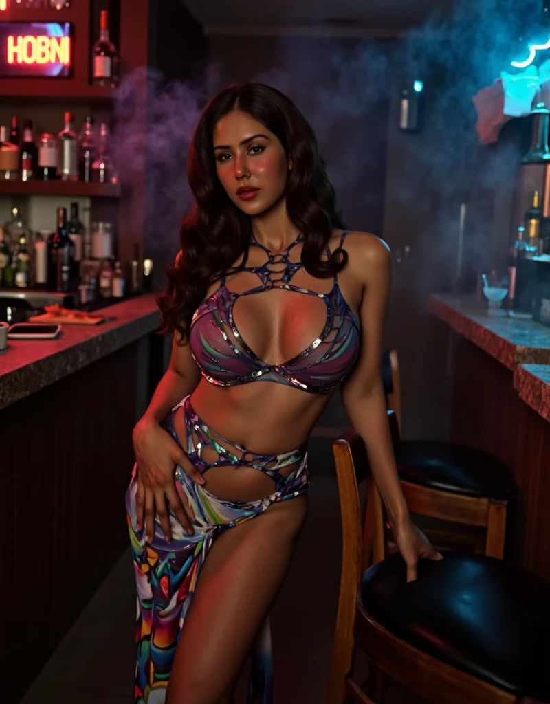 Masterpiece, RAW photo, best quality, photorealistic, extremely detailed CG unity 8k wallpaper, Depth of field, Cinematic Light, Lens Flare, Ray tracing, (extremely beautiful face, beautiful lips, beautiful eyes), long hair , intricate detail face, ((ultra detailed skin)), Indian dancer girl, Bar dancer, wearing a exotic dance dress ((exotic blue bra and skirt, shiny, crystal textured, feathers)), seductive, sensual, erotic smile, massive breast and cleavage, big hips, round lips, ((blue lipstick)), lusty, inside a bar