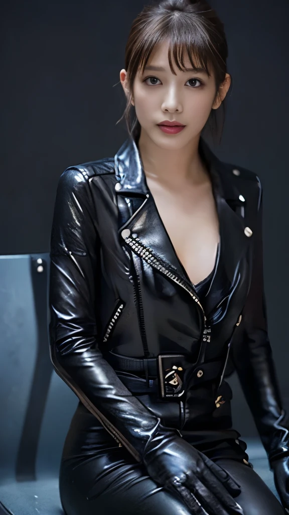  A model dressed in a military-inspired black leather trench coat, complete with a matching peaked cap and gloves, set against a backdrop of ancient  brick buildings in an urban environment. She strikes a confident, authoritative pose with one hand on her hip and legs parted, reinforcing the outfit's assertive style. Her makeup is bold with prominent red lipstick and defined eye makeup, enhancing the dramatic impact, dim light and bokeh effect background