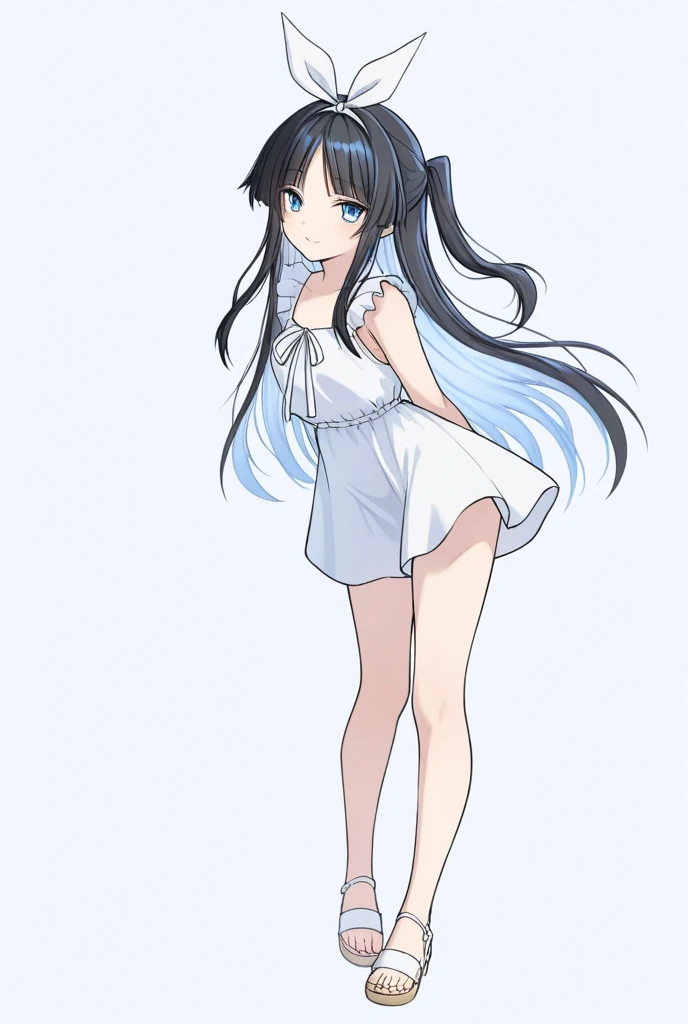 (long straight black hair,Air bangs),(innocent,Big aqua eyes,like a gem),(C cup,Petite stature,Slim waist and big hips,fair skin),(Only wearing a pure white dress,Flat mouth,spaghetti straps,Expose the skin of your hands and thighs),(The length of the dress should not exceed the thigh,You should be able to see the curve of your thighs,Highlight your figure),(Standing,Hands hanging on both sides of the body,hide your hands behind your back,Looks a little shy,but with a smile),(Solid black and gray background)