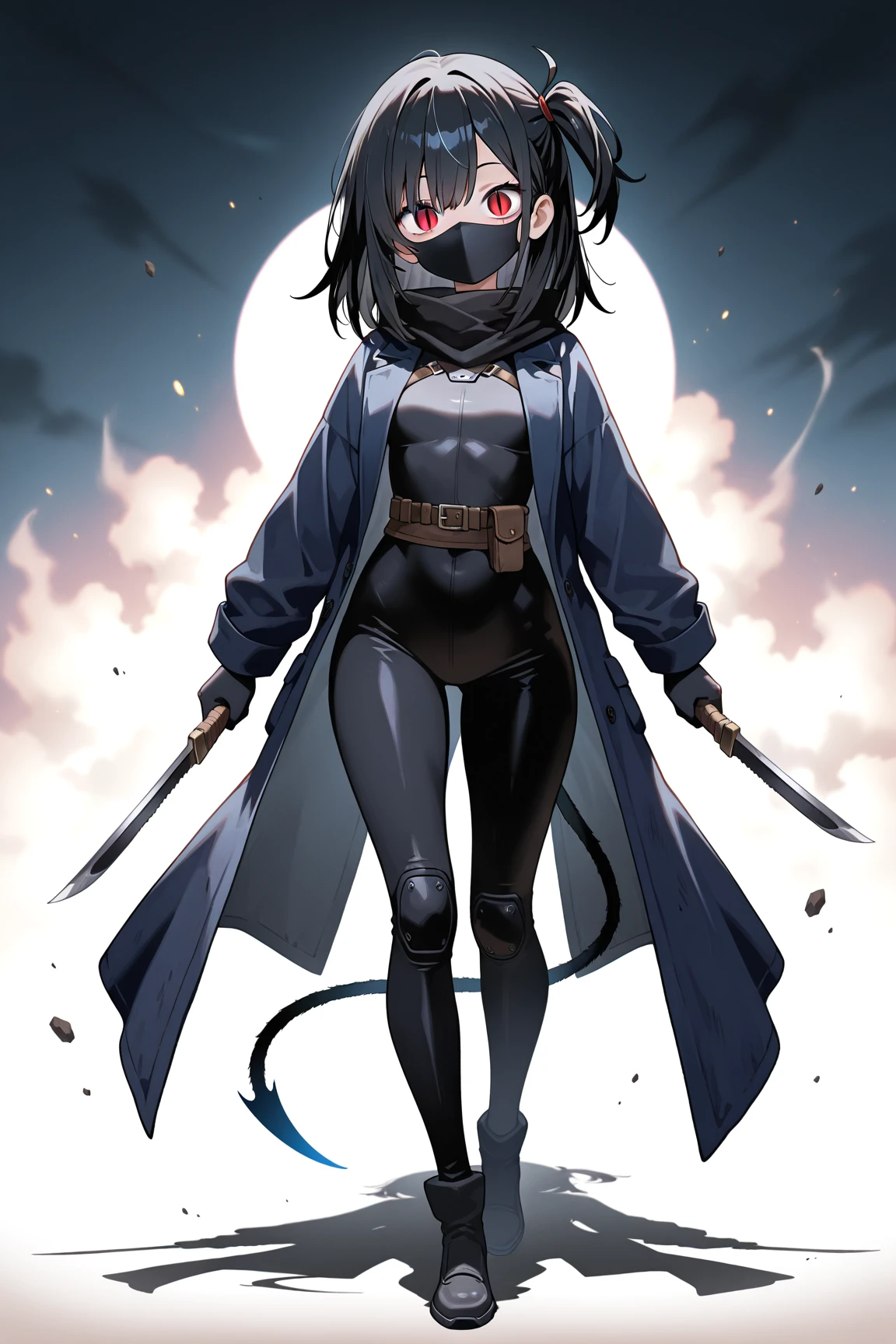 A powerful modern warrior woman wearing an oriental demonic mask covering only her mouth, wearing a black coat, black pants, face detailed, intense expression, dramatic lighting, cinematographic, ダークファンタジー, dramatic shadows, moody colors, highy detailed, 8K, Masterpiece artwork, farthest camera, showing legs