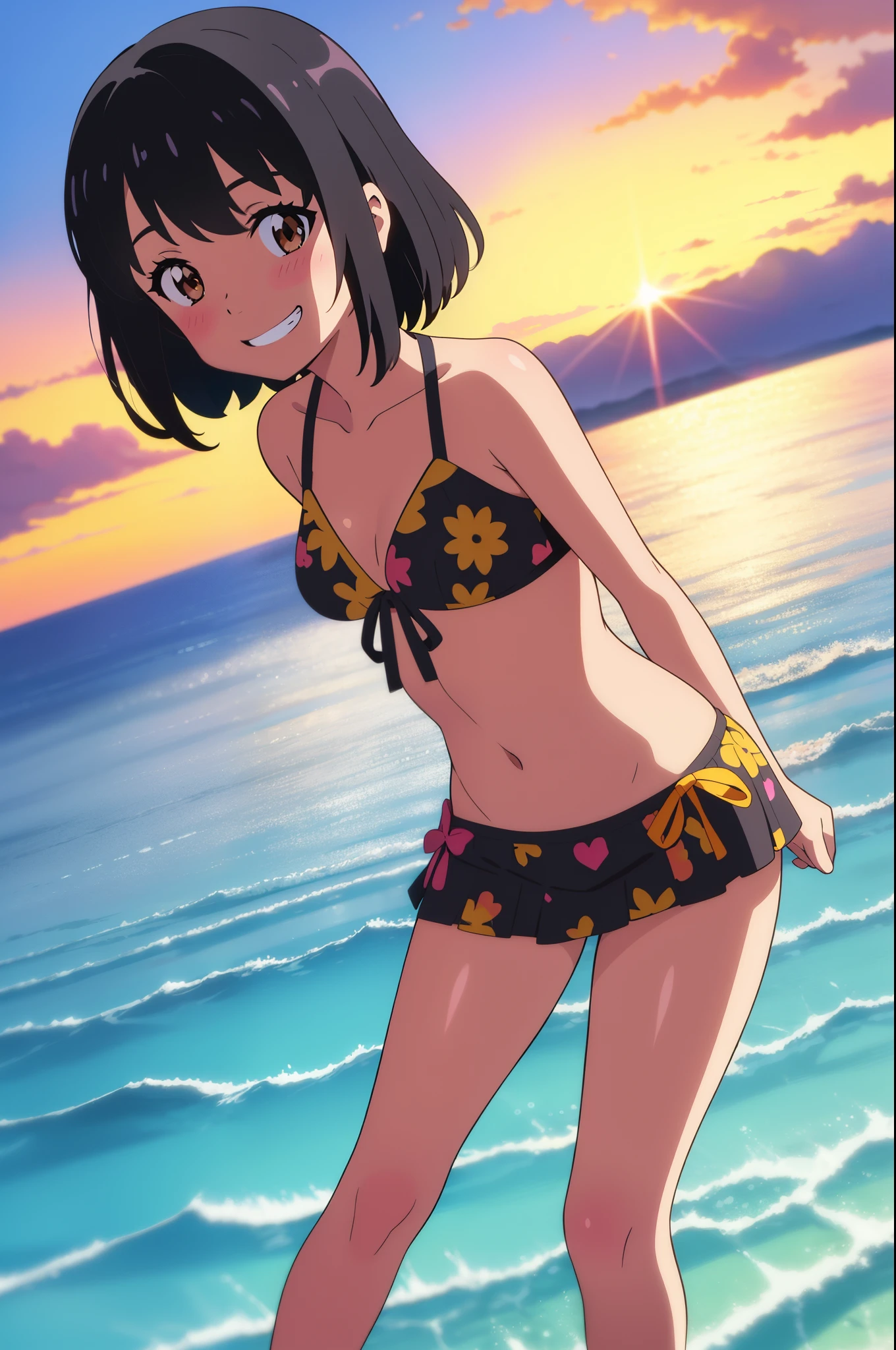Best image quality,1People Girl,cute,Shiny Hair,black eye,Shining Eyes,smile,Double teeth,sunflower,stream,Water Play,Wet,girl,small,small ,White Bikini,Too much exposure,View from below,Navel Fashion,Know the shape of your vagina