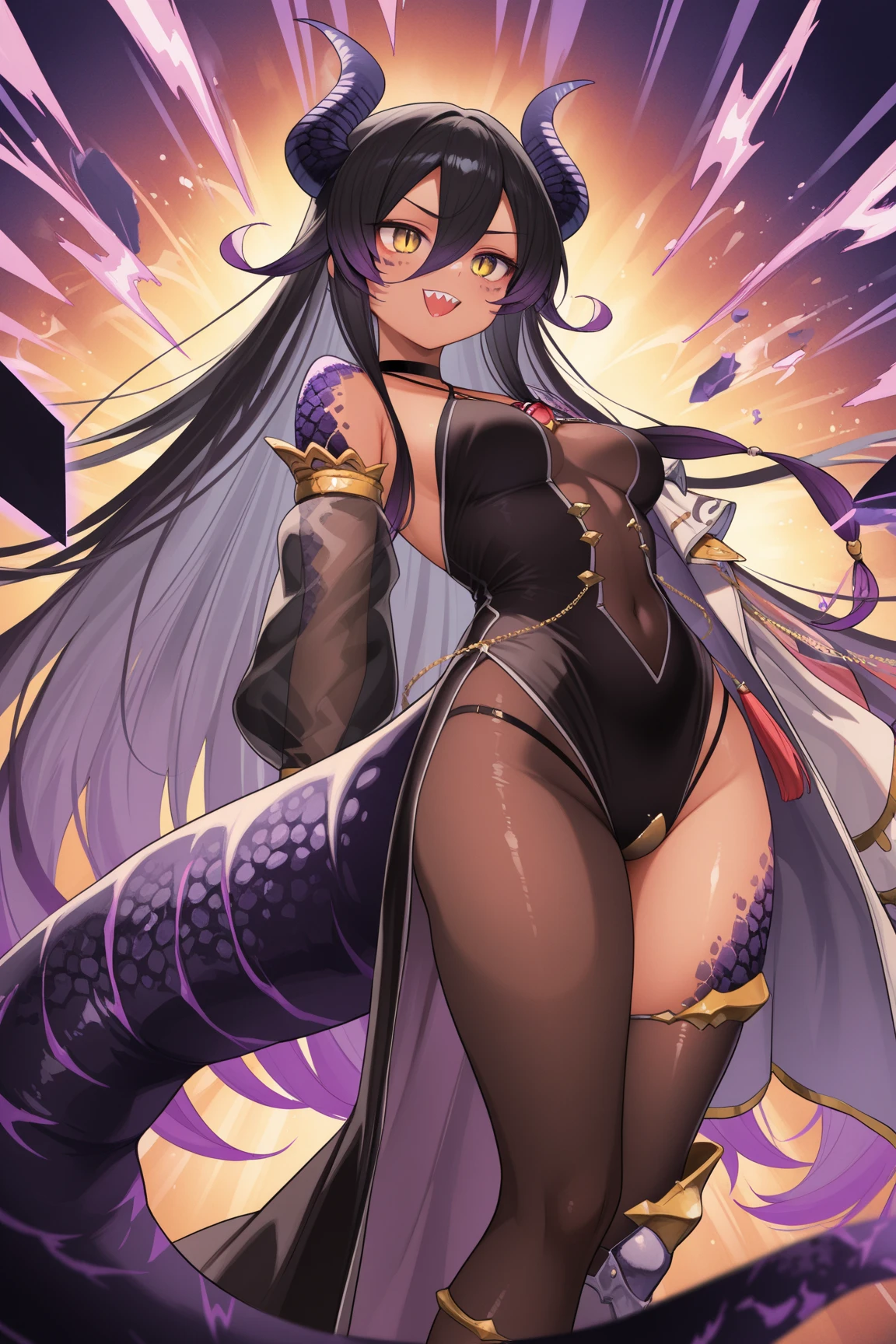 passionlip (fate), 1girl, solo, long hair, breasts, smile, open mouth, ribbon, cleavage, jacket, swimsuit, full body, closed eyes, hair ribbon, purple hair, bikini, sparkle, side-tie bikini bottom, claws, pink ribbon, absurdly long hair, claw (weapon)