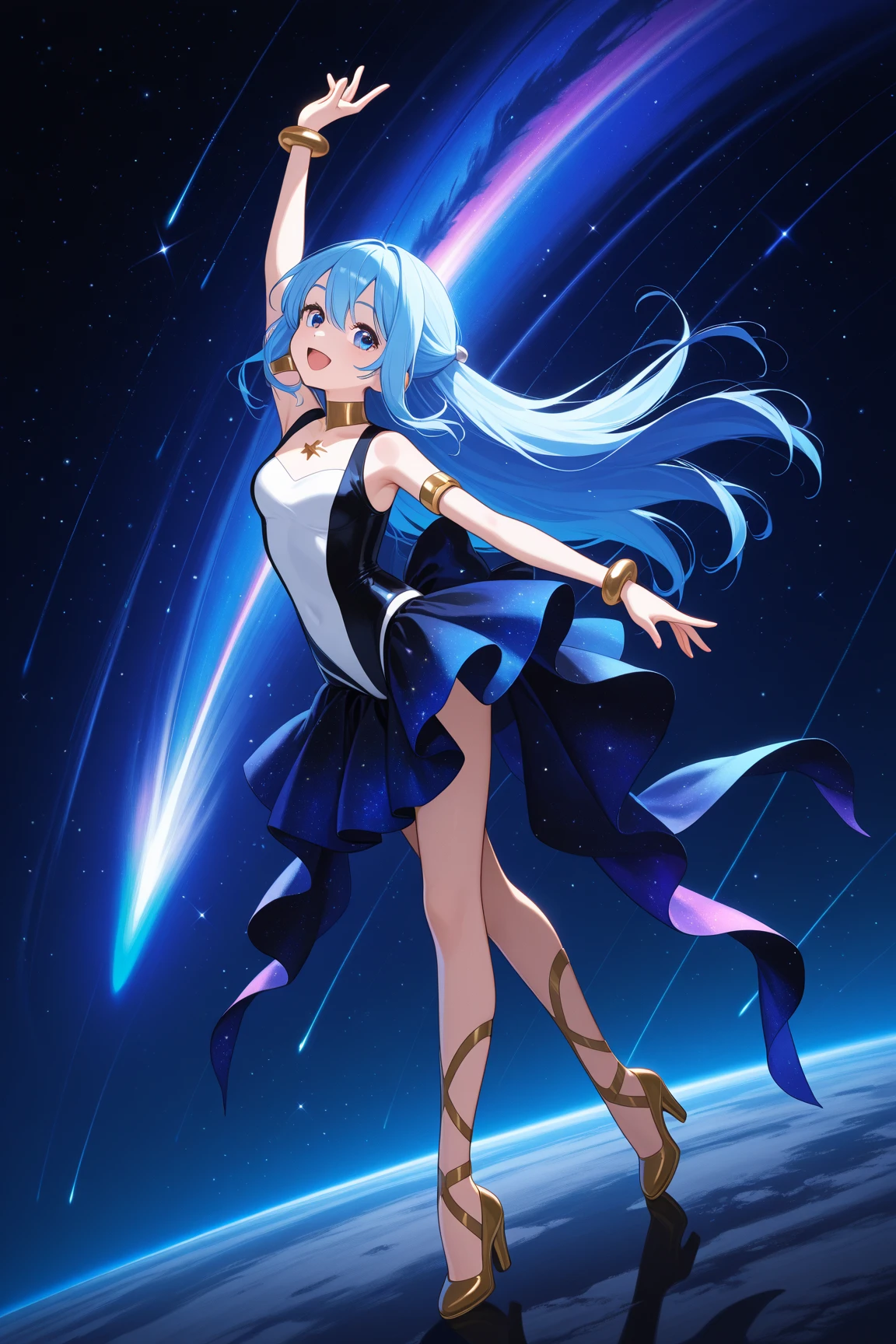 (best quality,4k,8k,highres,masterpiece:1.2),ultra-detailed,(realistic,photorealistic,photo-realistic:1.37),brightly shining planet,levitating figure,floating hair,peaceful expression,cosmic background,surreal surrealistic surrealism painting,vibrant colors,dreamlike atmosphere,arms streched out to height of waist, holding planet