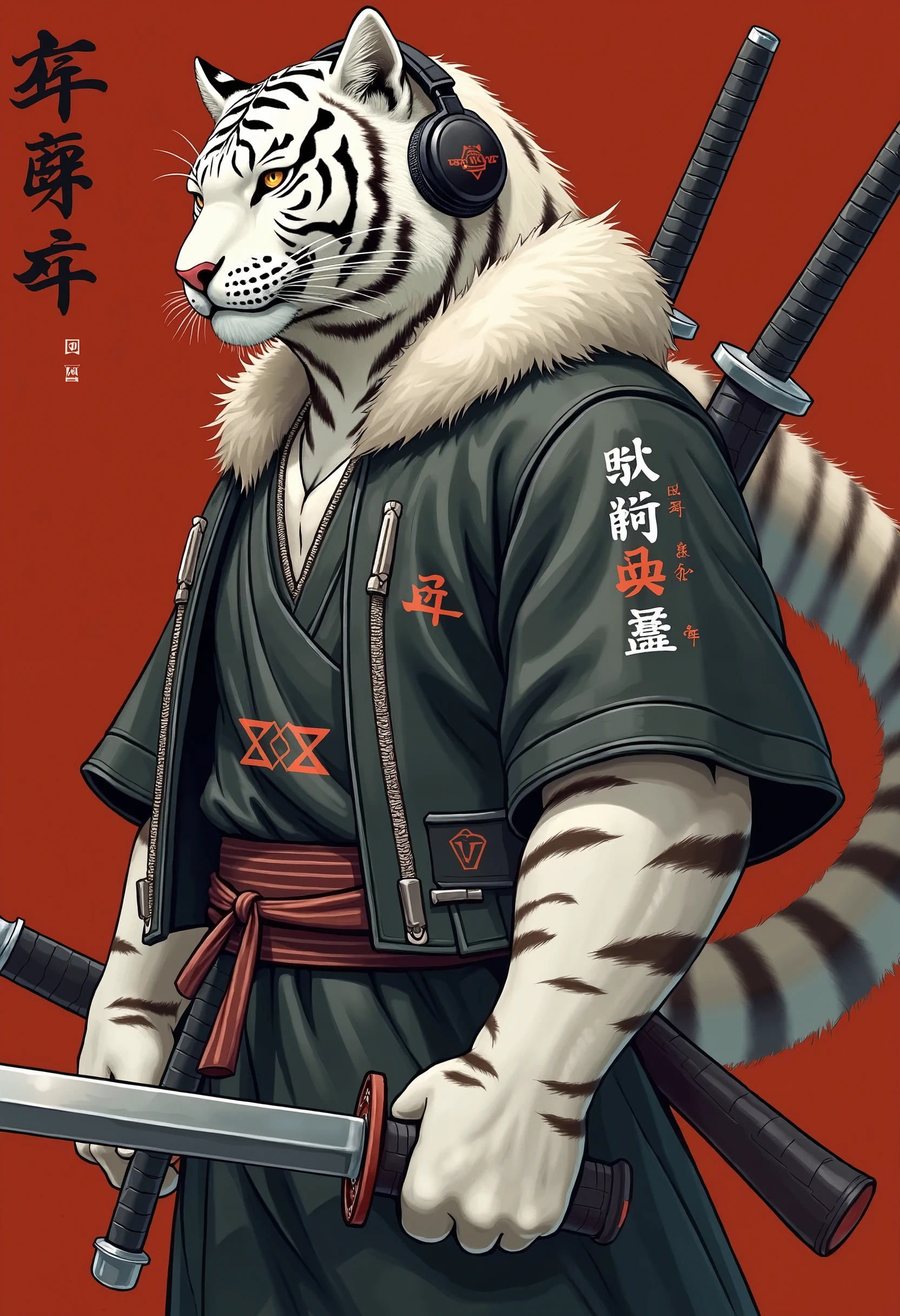 There was a tiger with a sword in its mouth, Samurai Tiger,, anthropomorphic tiger,ninjartist, tigre,A warrior
