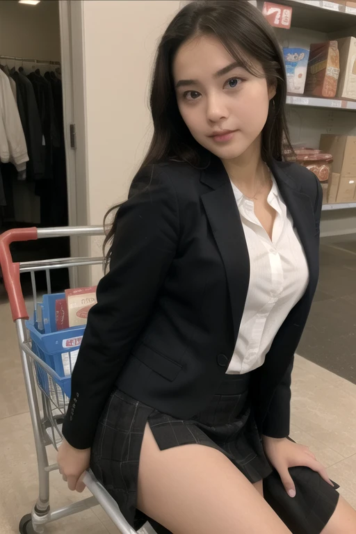leaning forward:1,Suit Shop,(The skin is wet from sweat),bent over,Are standing,During service,Inside the store with suits lined up,looking at the camera,Cleavage,(Wearing a shirt),smile,Skirt Lift、Lift your skirt with your hands,woman, 20-year-old, Short Hair、bangs、(Plain suit skirt),(White lace panties)、Cute earrings