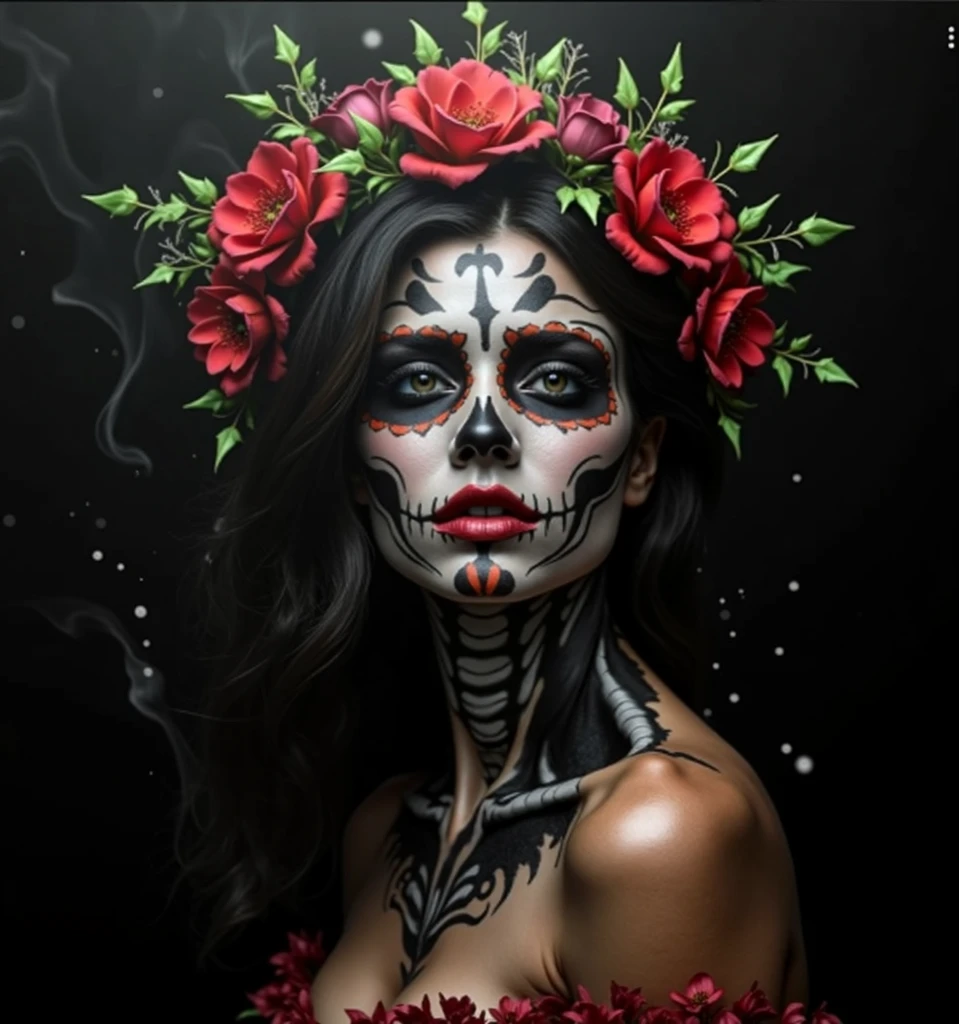 Women, red rose, skullish, mexicana, Caucasian skin, metade rosto skullish