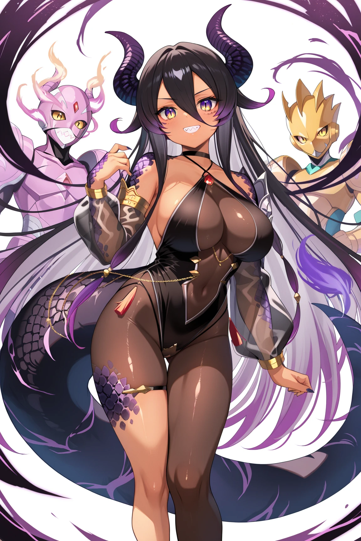 (mermaid:1.4), (snake tail:1.6),8k uhd,RAW photo,A snake woman,(Python pattern),(snake man),(Real Human:1.2),(highres:1.4),(A detailed:1.5),(photorealestic:1.5),RAW photo,Portrait Photogram,realistic snake scales, stoic, cabellos largos dorados,RAW photo,snake scales all over body, (snake scales on breast:1.6), (scales covering her chest:1.5), (black, purple gradient:1.4),scales on her chest, 超高分辨率,Foto realism,best qualtiy,captivating posture, (highdetailskin,skin detailed),Visible Pore,Shiny skin,tmasterpiece,sleeveless, finedetail,Colorization,Extremely Delicately Beautiful,extremely detailed 8k wallpaper,8K high quality,DSLR,Snake man maiden with beautiful details,(looking at viewert),professional photograph lighting,Faraway view,full bodyesbian,in a panoramic view,seductive face, multicolored hair,purple eyes, scales on breast, Large breast, snake on chest