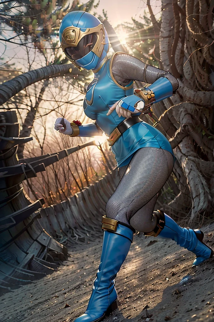 ((1 girl)), solo, ((full face helmet with no exposed face and head hair)), hurricane blue, ninpuu sentai hurricanger, (thick and intricate lines drawn on the chest), lines on the sides of the suit, a belt, blue suit with long gloves, white boots, leotard, large hips, fishnets, (Very shiny helmet and suit), Three-dimensional helmet, Perfect balance, Highly detailed CG Unity 8K, wallpaper, Perfect Lighting, masterpiece, Best Quality, high resolution, 4K, Ultra-detailed, Photography, 8K, nsfw, high resolution, absurderes:1.2, Kodak Portra 400, Film grain, Lens Flare, professional photograpy, ((Anatomically correct)), outdoor, forest, (fighting stance, kung fu pose, kung fu action, dynamic angle, battle:1.3), large breasts, erected nipples, cameltoe, spread legs, seen from below, (torn costume:1.3), (see through nipples:1.2)