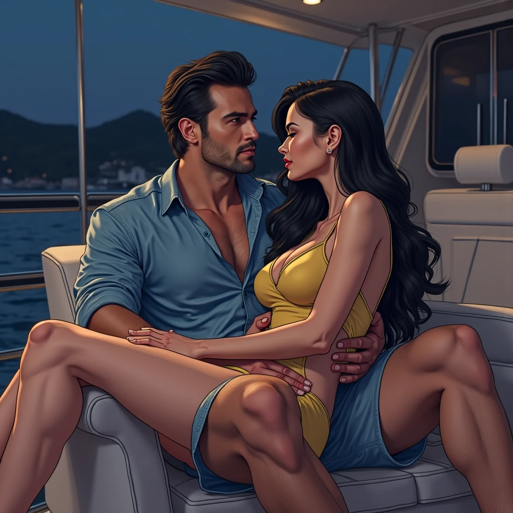 The man in his 45s with black very short hair and smooth face with moustache. The woman in her 45s with brown wavy long hair. The man is wearing an unbuttoned white shirt and black trousers. The woman is wearing a black evening dress. Night. Dark. On the beach. A campfire burns next to them. Missionary sex. The woman is moaning. Orgasm. Passion. Erotic. Realistic. Ultra realistic.