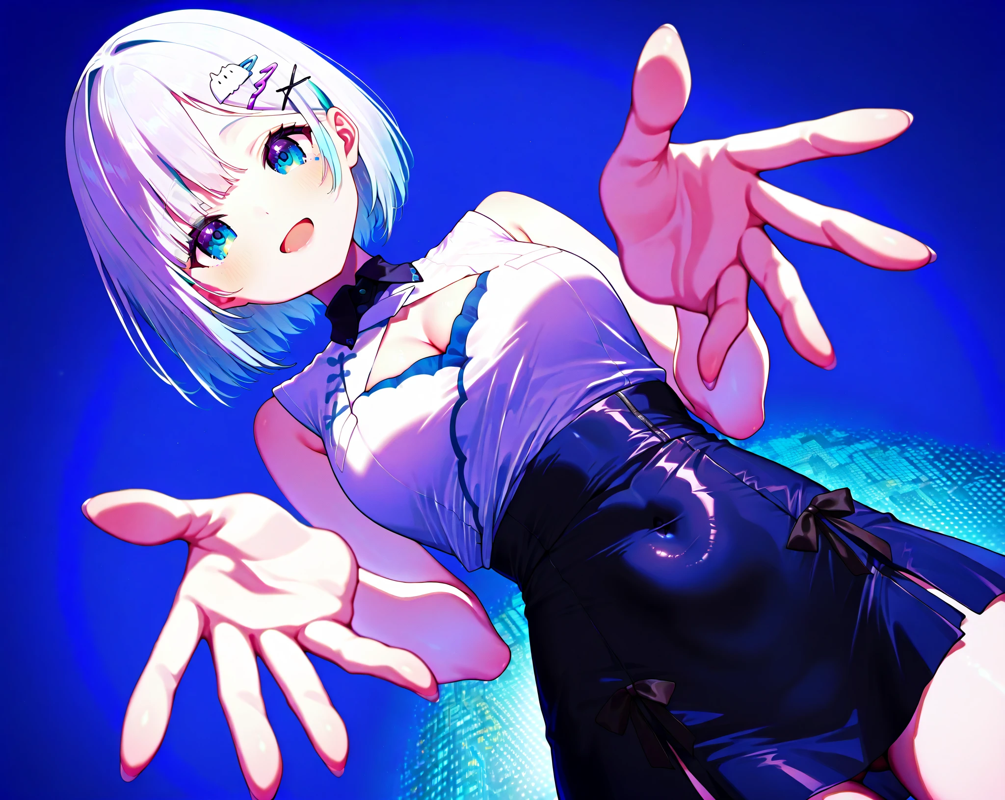 nsfw,(super fine illustration,8K CG wallpaper,best quality,extremely detailed,ultra high res,best aesthetic),(cowboy shot,from front),idolmaster, {{{anastasia}}}, (16yo, beautiful girl),(beautiful blue eyes), (beautiful silver hair), ((((extra short hair)))), ((spiky hair)), (((mullet hairstyle))), (wet hair), (wet skin), (sweat), (steam), (flat chests,midium breasts),((slender)),,(blue idol dress),((See-through)) ((nudity:1.4,topless:1.4,bottomless:1.4,expose breasts, breasts out)),((((pubic silver hair:1.4))), ((live stage,Spotlight:1.2)), ((((spread legs)))),(standing split),(open mouths), (shyness), (out tongue:1.2),(feel good), (one eye closed:1.2),(((sex,cowgirl,pov))),(happy smile, upper_body),(cum shot:1.2),(bukkake:1.5),(cum on face:1.5),(cum on armpit:1.3),(ecstasy face:1.5),(peace sign:1.3),(looking at camera),