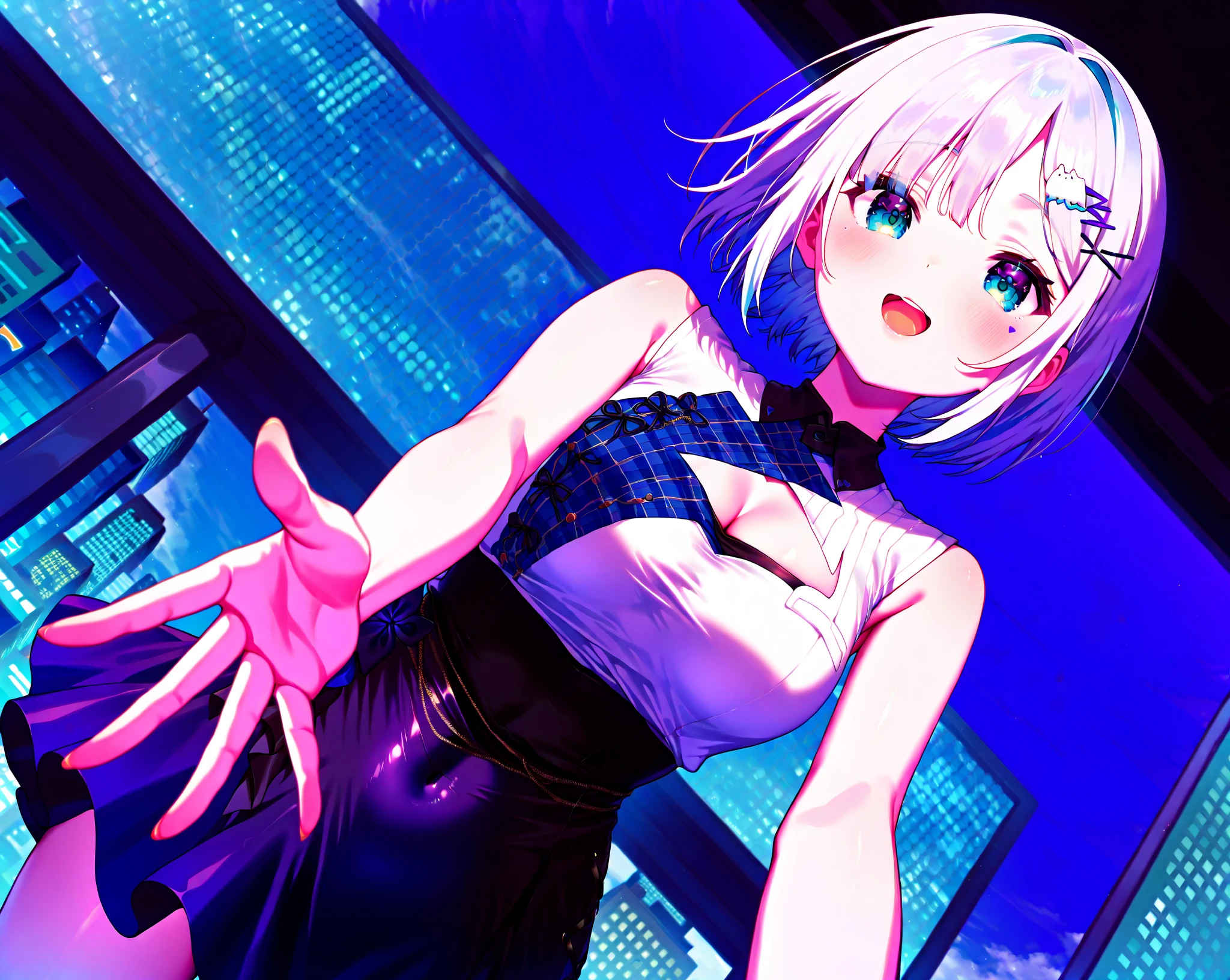 1girl, dancing on stage, short hair, pink hair, blue eyes, black dress, strapless dress, black thighhighs, collarbone, bare shoulders, bare arms, open mouth, smile, spotlight, cinematic lighting <lora:nlc_blue:1.5>