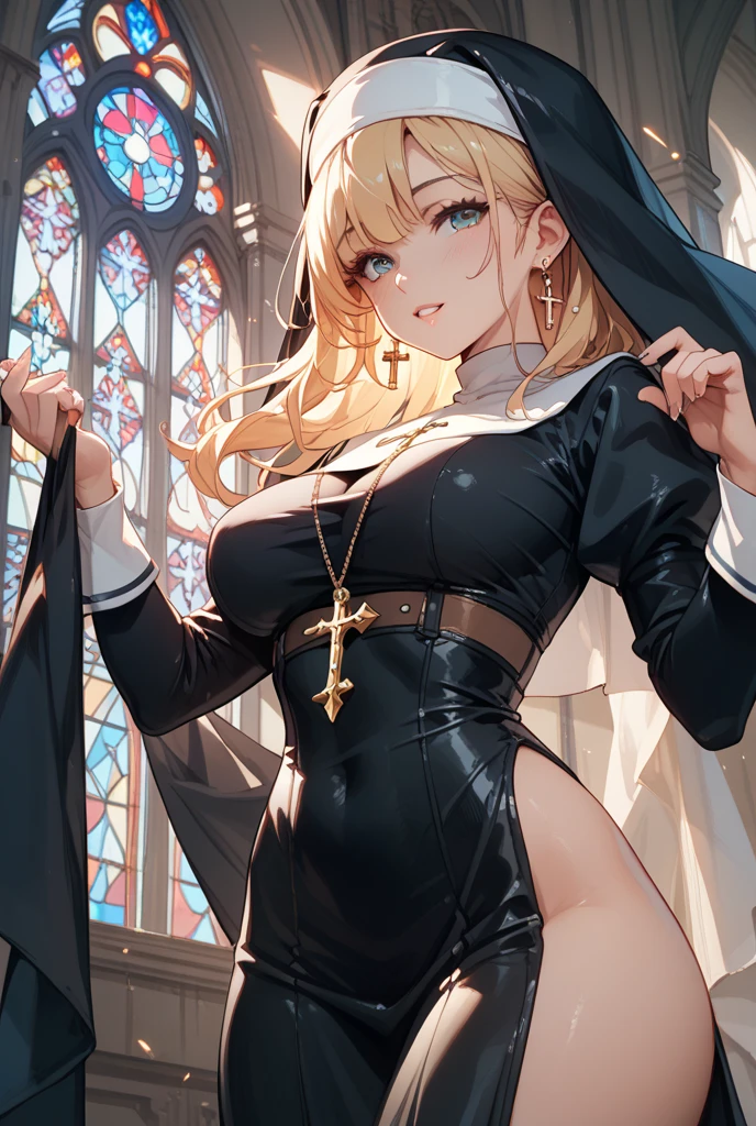(high quality, 8k, 4K, high contrast, artwork:1.2, high quality, best aesthetics), (centered), ((1 woman)), ??????, sensual, mature body, super detailed, beautiful face detailed, beautiful eyes detailed, detailed beautiful mouth, perfect breats, (blonde, long, straight hair), (blue eyes), (shy calm expression), (religious habit), (nun's clothes), (female nun), (standing), (looking at viewer), (piercing gaze), (church), (front view)