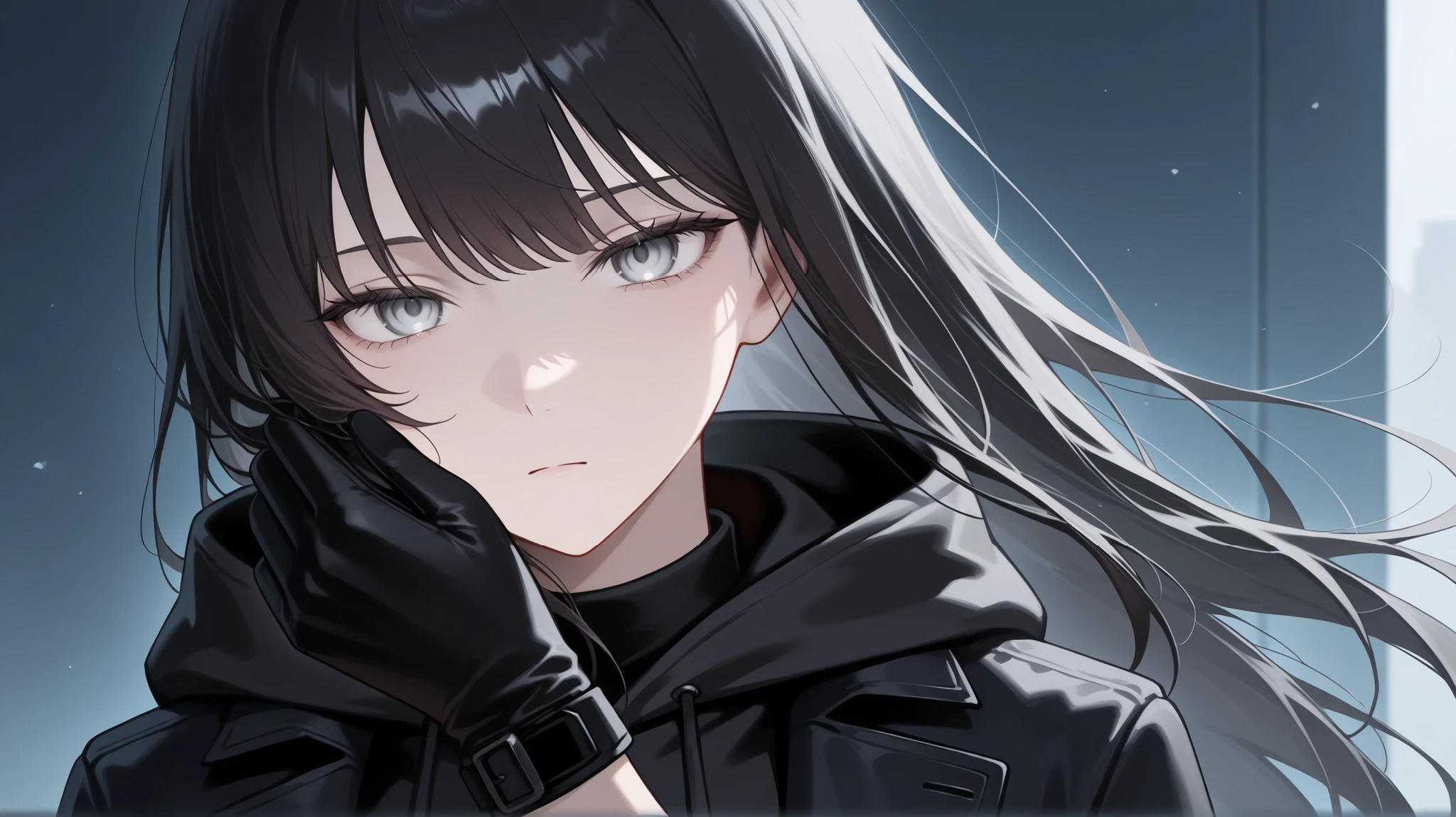 Alone, cool, 1 woman , long hair, dark haired, gray eyes, black coat, black gloves, black hoodie , neutral expression , Hide half of your face, front, face close-up