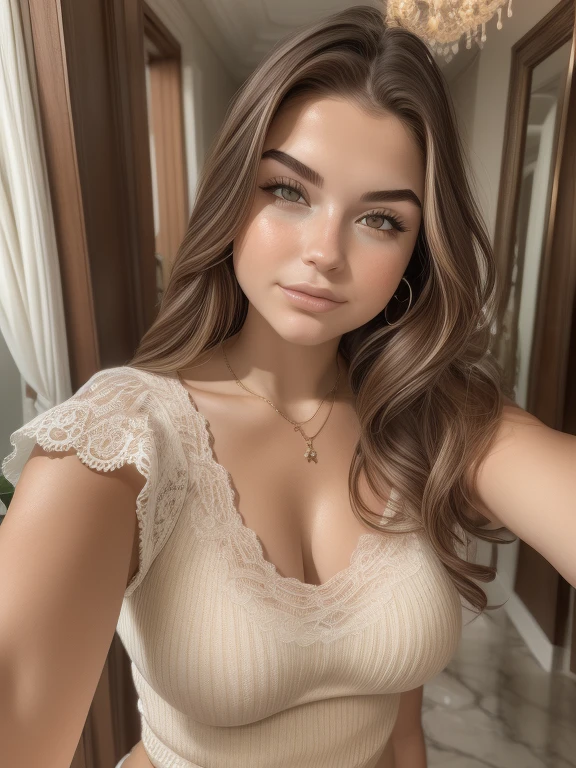22-year-old woman, ein elegantes Erscheinungsbild. sie trinkt einen Kaffee in einem kleinen Bistro. My brown hair falls in long waves over my shoulders and frames my face and emphasizes my green eyes. Meine vollen, red lips are shaped into a smile. My snub nose is covered with freckles, which contrast with my tanned skin. Meine Augenbrauen sind dick und dunkel, gives me a seductive look. Meine Wangenknochen sind hoch und definiert, und meine Wimpern sind lang und geschwungen. , , , Helles Foto, Haare sind offen. short cotton dress with long sleeves