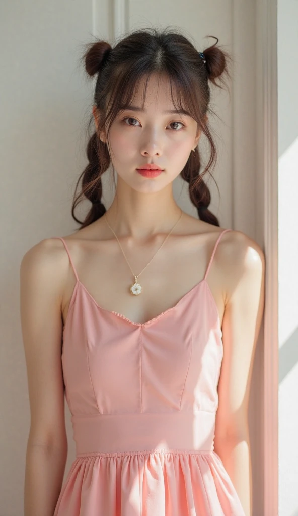 Temperament girl, delicate facial features, big breasts, bangs, pink ponytail, messy hair, hair is very realistic, wearing a pink slip dress, the background is full of wall photos, sea view, Du Qiong, exquisite makeup, light red lips, gentle eyes, double eyelids, black holes, bright eyes, symmetrical face, face is very real, narrow waist, thighs, big breasts, meticulously portraying the girl's face, blush, super high appearance, looking at the audience, very realistic skin, skin oil reflection, artwork, The clothes have a real cloth texture, realistic painting, cinematic style, photography level, ray tracing, real light and shadow effects, realism, masterpieces, like the top photography effects, 8K
