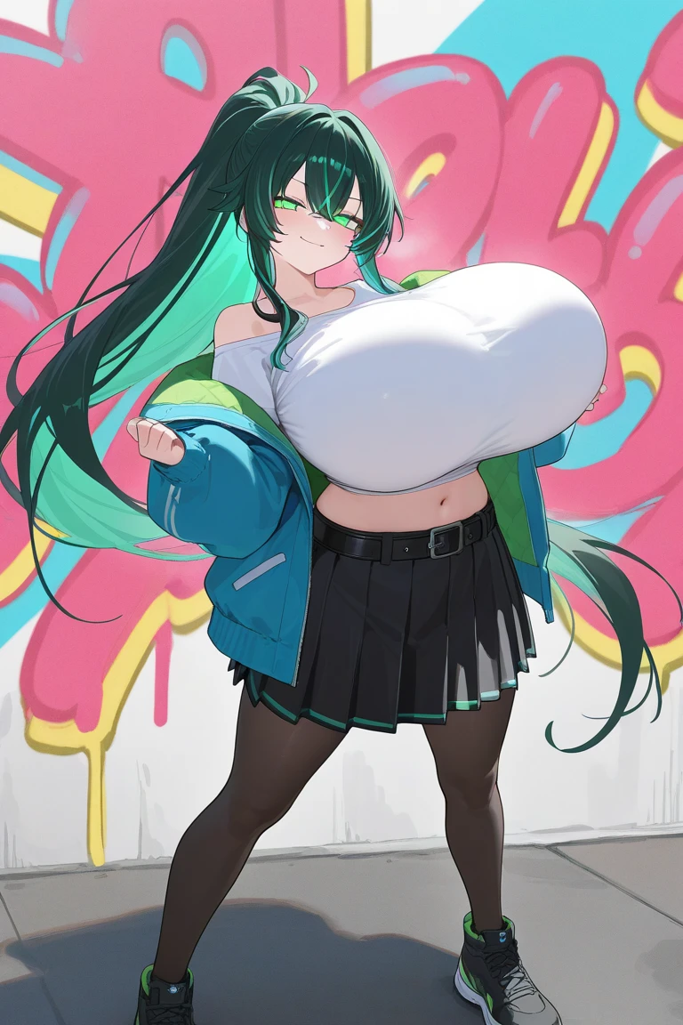 1 skinny girl, solo, light blue hair, side face, BREAK, red headband, BREAK, (dark purple eye:1.4), bending back, looking at viewer, BREAK, black plunging neckline short dress, dark yellow cropped jacket, black thighhighs, BREAK, (bouncing unaligned long huge breasts:1.5), very short torso, (inconceivably narrow waist), thin long legs, BREAK, (show off crotch:1.4), BREAK, strong wind, (slipping hip)