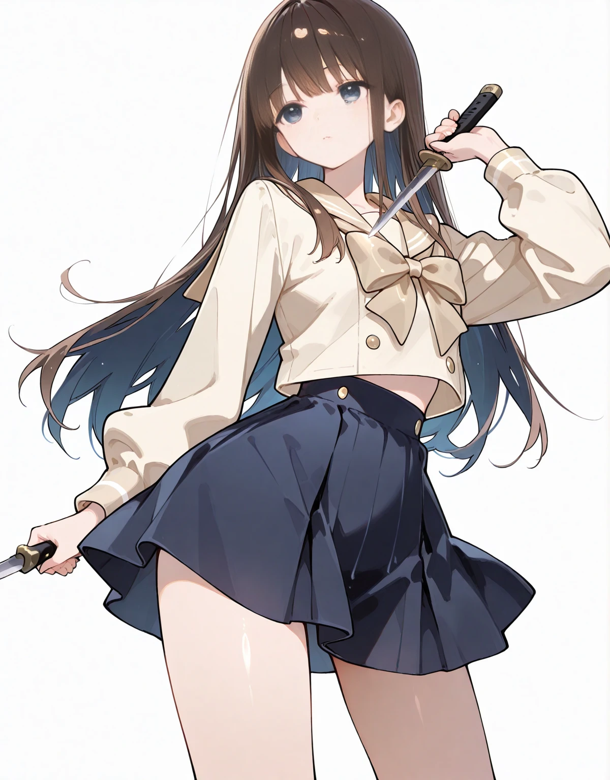 femboy curvy thighs, brown hair, pigtails, teal skirt, white pantyhose, brown crop top, flat chest, big bulge in crotch, sword in hand, hiro from tales of androgyny