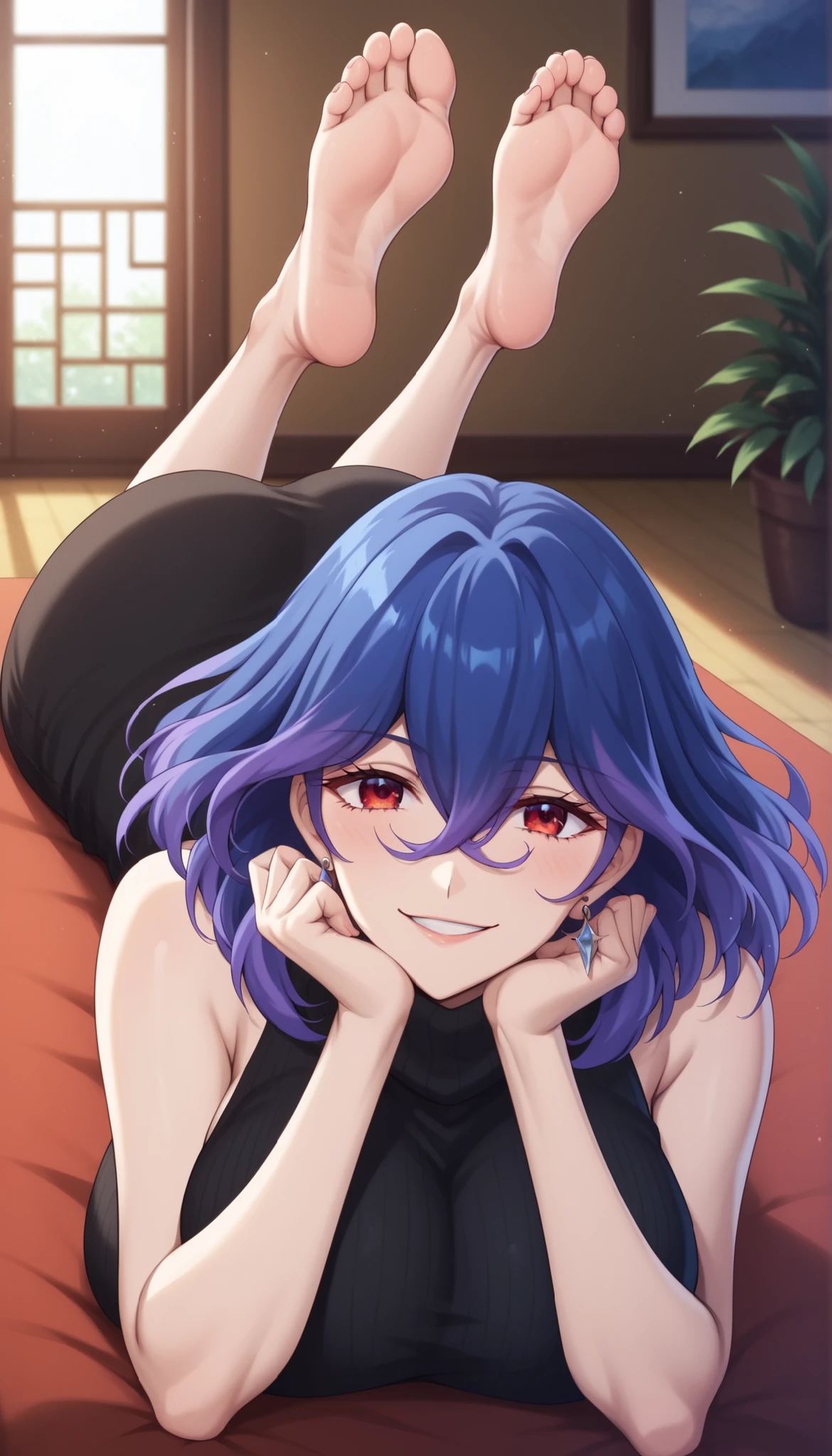 score_9, score_8_up, score_7_up, score_6_up, score_5_up, score_4_up
vermeil, vermeil, red eyes, hair between eyes, blue hair, purple hair, multicolored hair, medium hair,
sweater, bare shoulders, sleeveless, turtleneck, black sweater, thighs,
indoors, bent , smile,
looking at viewer, 1girl solo, ,,,,,,, earrings big breasts huge breasts , locking at viewer , shiroshisu style ,,,,,        ass, feet, the pose,  feet up, on stomach, soles, barefoot, head rest, legs up, lying