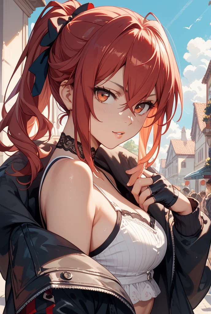 1girl, sitting, looking at viewer, tattoos, tattoo sleeve, tattoos on arm, tattoos on neck, neck tattoo, tattoo on breasts, tattoo on chest, covered in tattoos, red hair, messy bangs, public park, grin, eyes closed, head tilt