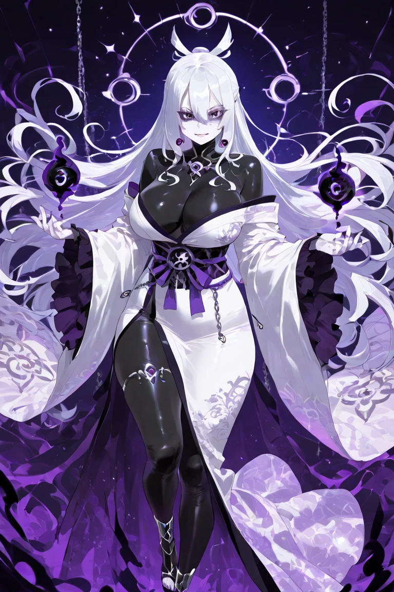 1 female,(Detailed Description,Incredibly absurd,High resolution,8k wallpaper,masterpiece,Highest quality,Depth of region,Anatomically accurate depiction,Perfect body,Two lovely hands, Five perfect fingers),(Glowing Skin,Shiny skin,Oilskin),(Shiny sequined off-the-shoulder velvet dress,Tight Skirt, High heels,stockings,Luxurious accessories),eyelash,(Purple Eyes,There is cleavage in the chest,Bewitching Smile,Glossy lipstick,Sidelong glance,eye shadow,Silver Hair),Sweat,(whole body),