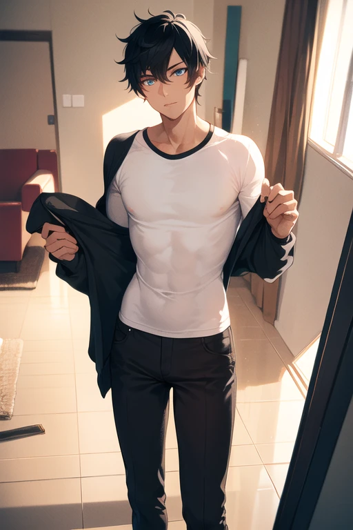 a teenage boy, masculine face, short black hair with bangs, greeneyes, Caucasian skin, glasses, sitting on your bed, toned body hidden by a large plain black t-shirt and sweatpants, happy facial expressions, hands hidden behind the back, abdomen appearing