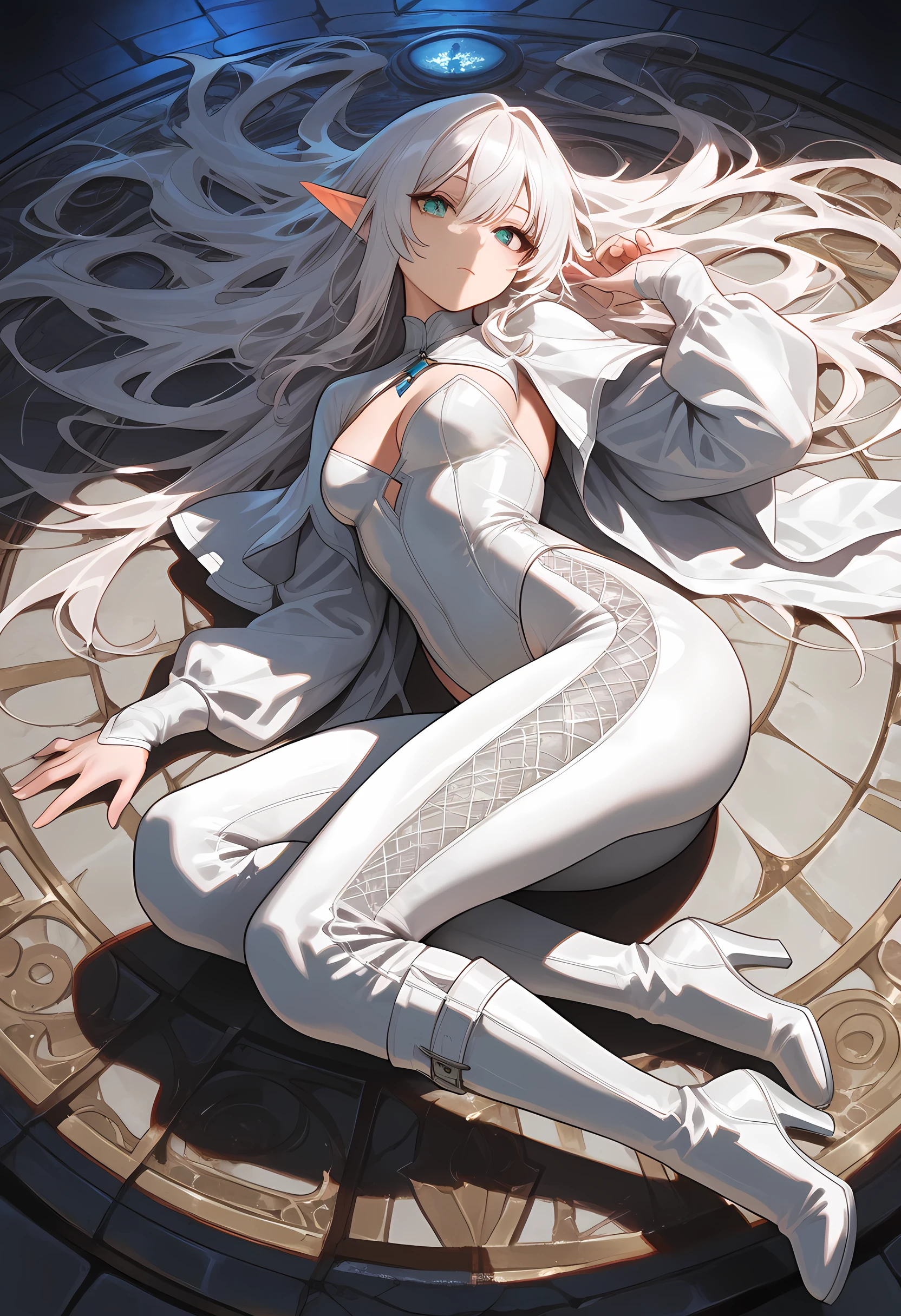 a fantasy epic illustration of an elf thief in a vault, a female  elf thief, full body, small pointy ears, dynamic hair color, dynamic hair style,  ultra detailed face, wearing white leather leotard, white leather pants, busty, small cleavage, high heel boots, many diamonds lying around, fantasy safe vault background, torchlight, vibrant, Ultra-high resolution, High Contrast, (masterpiece), highest quality, Best aesthetics), best details, best quality, highres, 16k, [ultra detailed], masterpiece, best quality, (extremely detailed) RAW, (ultra details, Masterpiece, best quality), light and shadows by reij-shdwgms