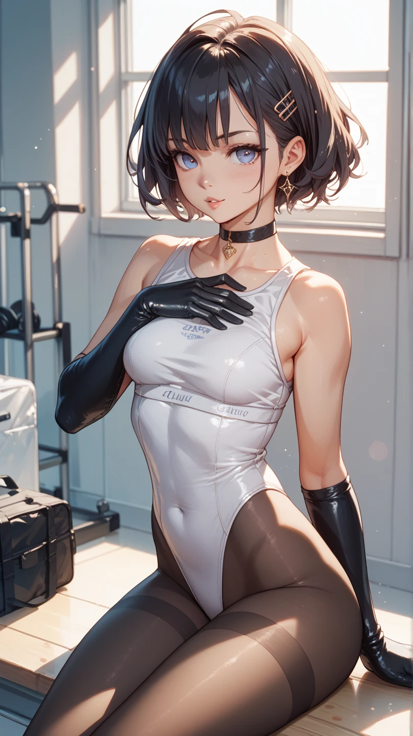 (masterpiece,Highest quality:1.3,best quality illustration),realistic,cowboy shot,1woman,30 year old Japanese beauty,((very small head:1.3)),short bob hair,brown hair,bangs,brown eyes,gorgeous eyes,blush,smile,small breasts,((very long body:1.3)),((toned body,slender body,skinny)),tan skin:1.2,Black tight tank top、navel、Black panties、gleaming skin,shiny skin,sweat:1.3,sitting,Simple bed、A cluttered bedroom、ruins、