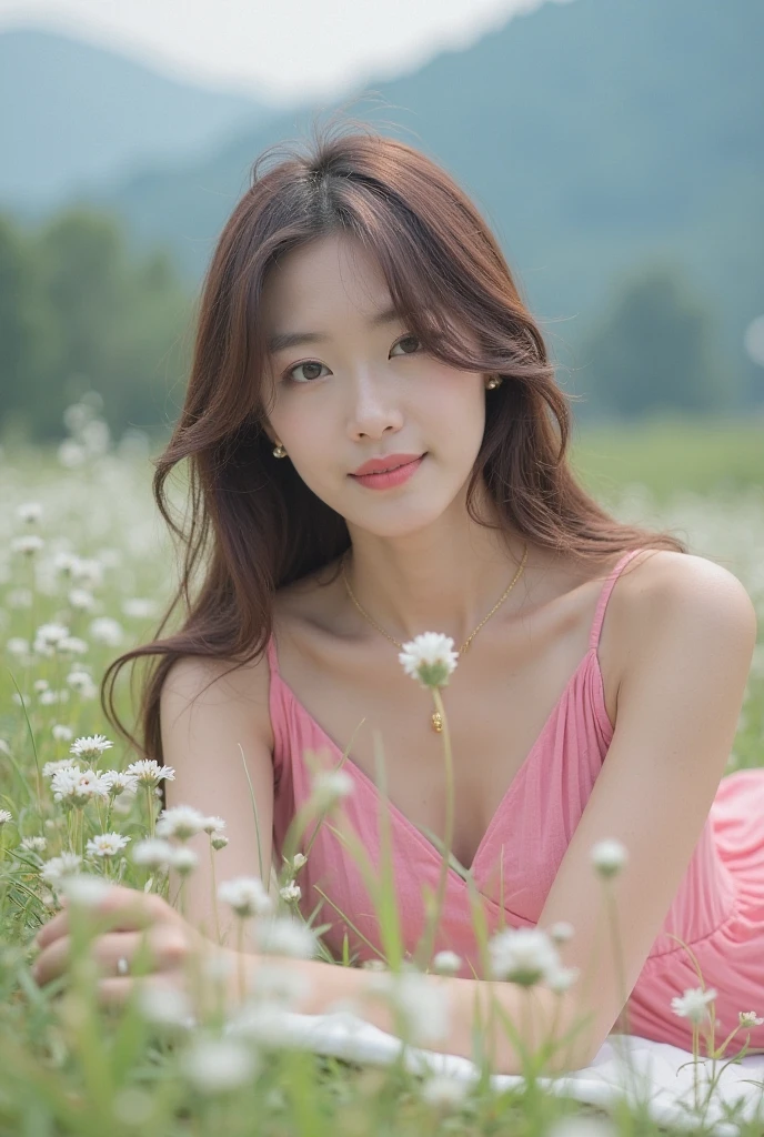 high resolution, Chinese women,Cute skin, high details, details eye,realistic photography's photos highly detailed, high resolution, realistic photography's high resolution, a beautiful young Korea idol woman wearing a cute dress, detailed beautiful eyes and face, sitting in a white lavender field. The photo should be taken with a high-end camera, showcasing a stunning in the background. The woman is smiling softly, with Rose white lavender in full bloom around her