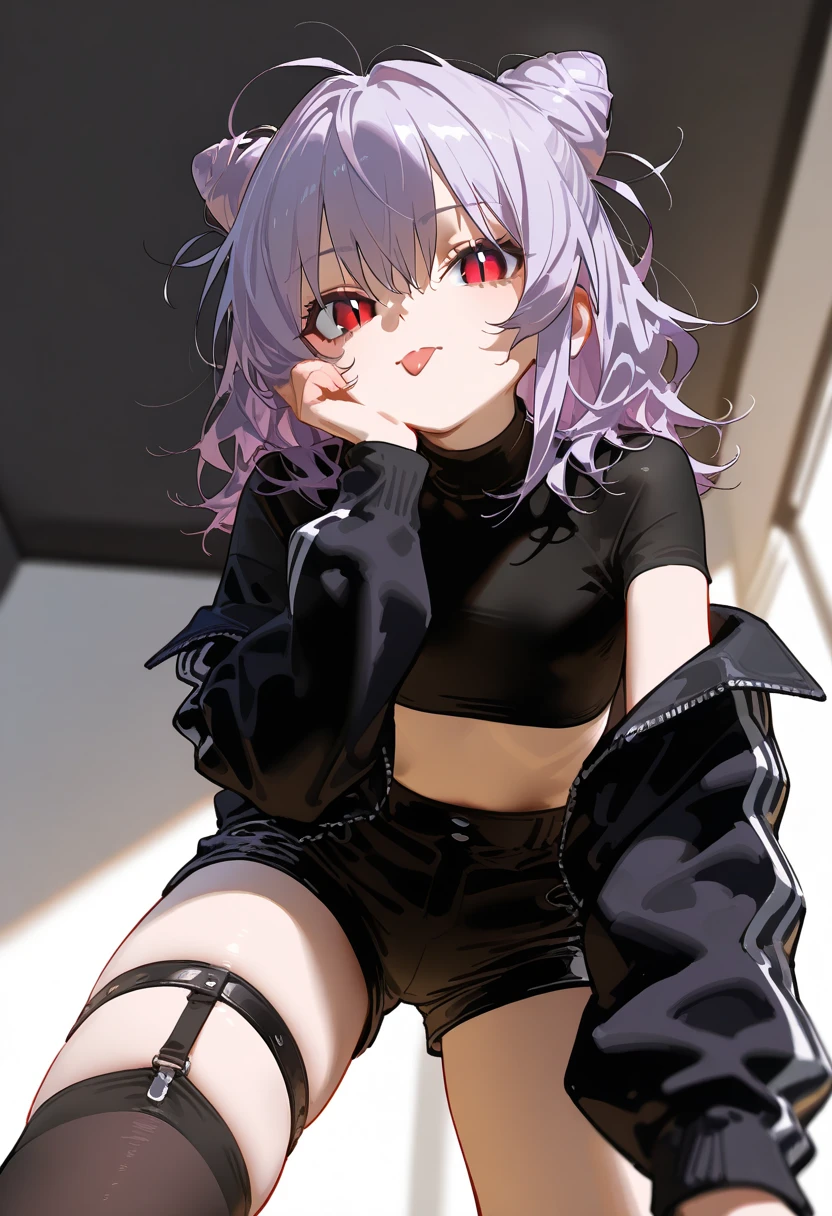 1trans, solo, looking at viewer, short hair, skirt, shirt, thighhighs, animal ears, sitting, green eyes, white hair with pink highlights, boots, choker, striped, cat ears, nail polish, black footwear, hair over one eye, fishnets, black nails, fishnet thighhighs
