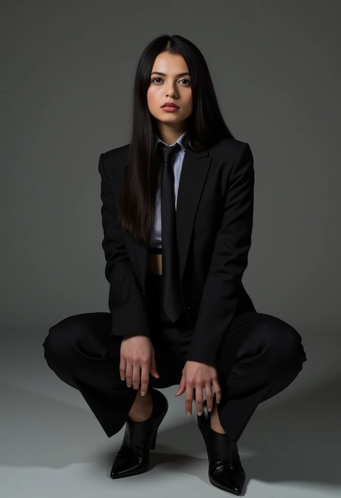 Full body photo of a pretty young 1girl, big cheeks, very long hair,  black hair, side-swept bangs, side fring hair, Black Suit and a tie, pin heels, model poses, crossed legs, Full body , best quality, realistic, 8k,