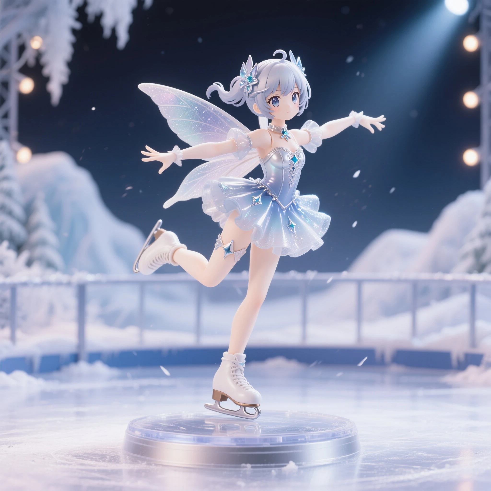 stage,icy,Blue Mini Dress,1womanl,A dark-haired,Bun,stockings,Figure skating,white mini boots