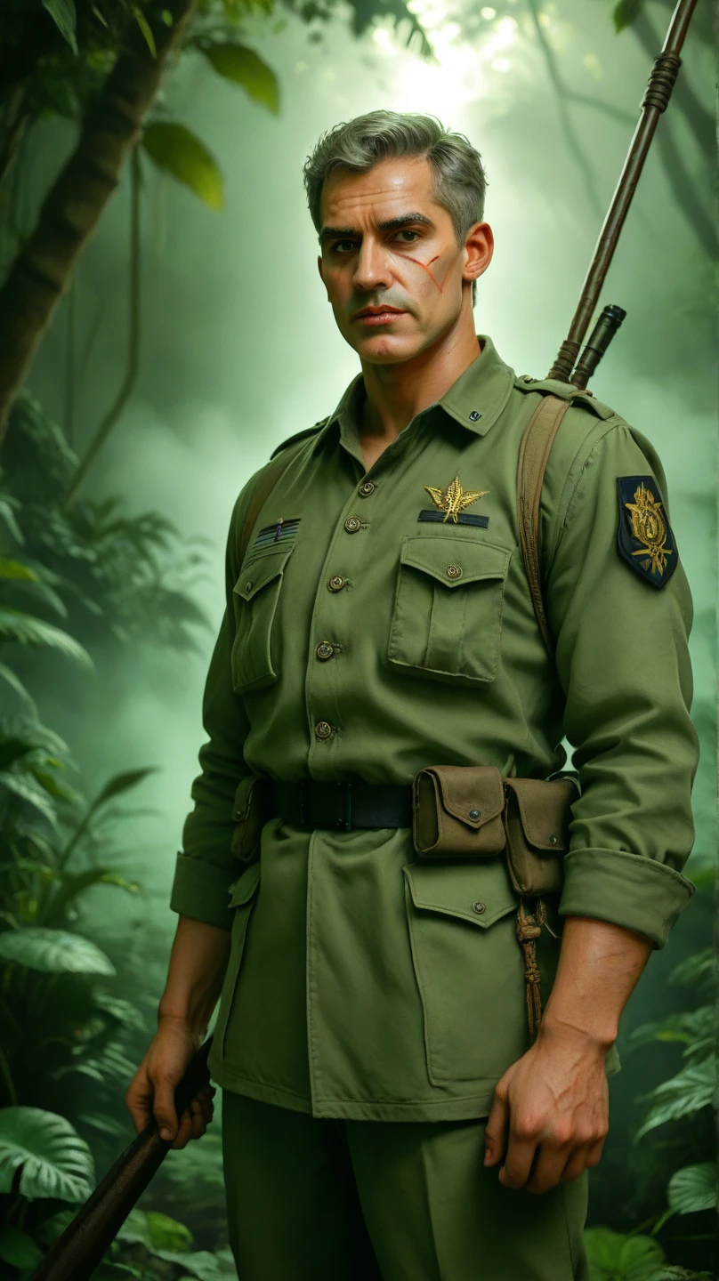 A handsome, virile masculine man wearing the green and brown uniform of the brand “Café Araucária”