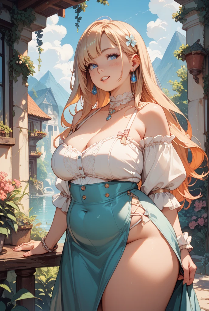 A young beautiful witch, smiling, (full body, detailed face), detailed cleavage, 
sitting on a rock, outdoor, blue sky, 
natural lighting, anime style, (8K, UHD, hires, high resolution, best quality), 1girl, masterpiece, hyperdetailed, realistic lighting, realistic, low angle camera, (high quality anime, by Makoto Shinkai),  milf, milfification,huge boobs 
lisa \(genshin impact\)