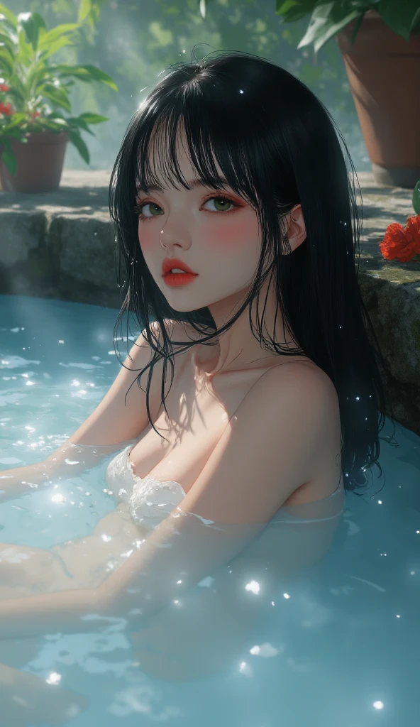 Anime style, a beautiful naked woman swimming in a crystal clear turquoise pool, long flowing hair, serene expression, glowing skin, graceful pose, soft light, ambient lighting, photorealistic, detailed facial features, realistic water, wet skin, reflections, high quality, cinematic, dramatic lighting, HDR, 8k