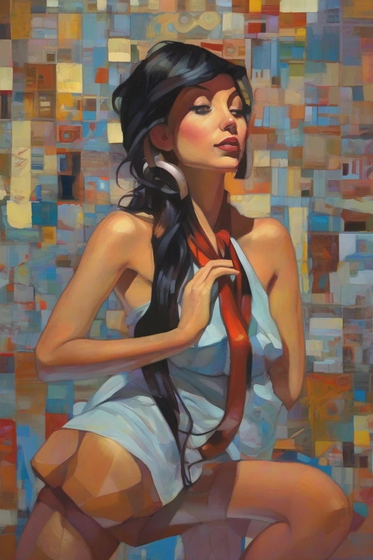 nude art,modern,beautiful female body,subtle lighting,soft shadows,smooth skin,masterpiece:1.2,highly detailed curves,vibrant colors,sensual atmosphere,simple background,artistic composition,pure form,Aphrodite-like elegance,graceful poses,contrast of light and shadow,subtle brushstrokes,delicate textures,museum-worthy,abstract elements,sophisticated color palette,hint of eroticism,strong emotion,expressive eyes,confident body language,emphasized femininity,harmony of lines and shapes,breathtaking aesthetic,implied movement,graceful curves,masterful technique,powerful and captivating,positive body image,natural beauty,human form as art,celebration of the female form. Create an abstract piece that captures the tumultuous emotions of a particular moment in time. Use bold brushstrokes, swirling patterns, and contrasting colors to convey the intensity of the emotions. strong warrior princess, centered, key visual, intricate, highly detailed, breathtaking beauty, precise lineart, vibrant, comprehensive cinematic, Carne Griffiths, Conrad Roset, (the most beautiful portrait in the world:1.5) Imagine the universe as a vast symphony of colors and shapes. Create an abstract representation of the cosmos, using swirling galaxies, nebulae, and celestial bodies to evoke a sense of wonder and awe. Incorporates a blend of watercolor and , maximalism artstyle, geometric artstyle) Incorporate vibrant colors, dynamic brushstrokes, and intriguing textures to capture the essence of the subject's inner world, capturing a surrealist vision, Perfect centralization, Um caozinho bonito ruivo por toda parte, Usa uma jaqueta,
