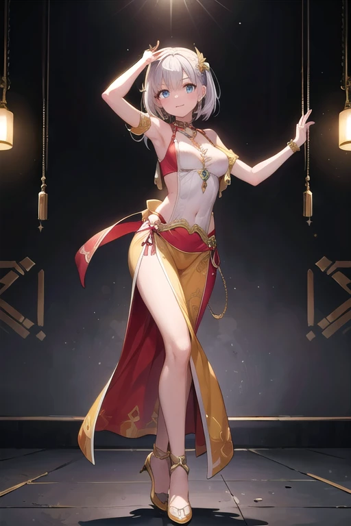 top quality, masterpiece, ultra high definition, Beautiful priestess, Hand waving red fan, fan on fire, Belly button tattoo,blue eyes, looking at the audience, lol,long blonde hair, lips, elf ears, White clothes are very transparent, breasts and can be seen,Feather cape,hair accessories,earrings, Slim, ponytail,barefoot,outdoor,Burning battlefield background