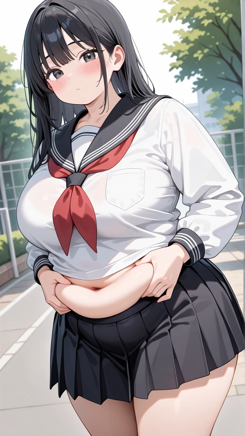 1girl in,Smirk,huge Brests,Pleated skirt,A dark-haired,Glasses,(underboob:1.2),White shirt,thighs thighs thighs thighs,full bodyesbian,red blush,Pregnancy,Wet,White underwear,White bra,white  panties,Putting a candy bar in his mouth,Eating candy,purse your mouth
