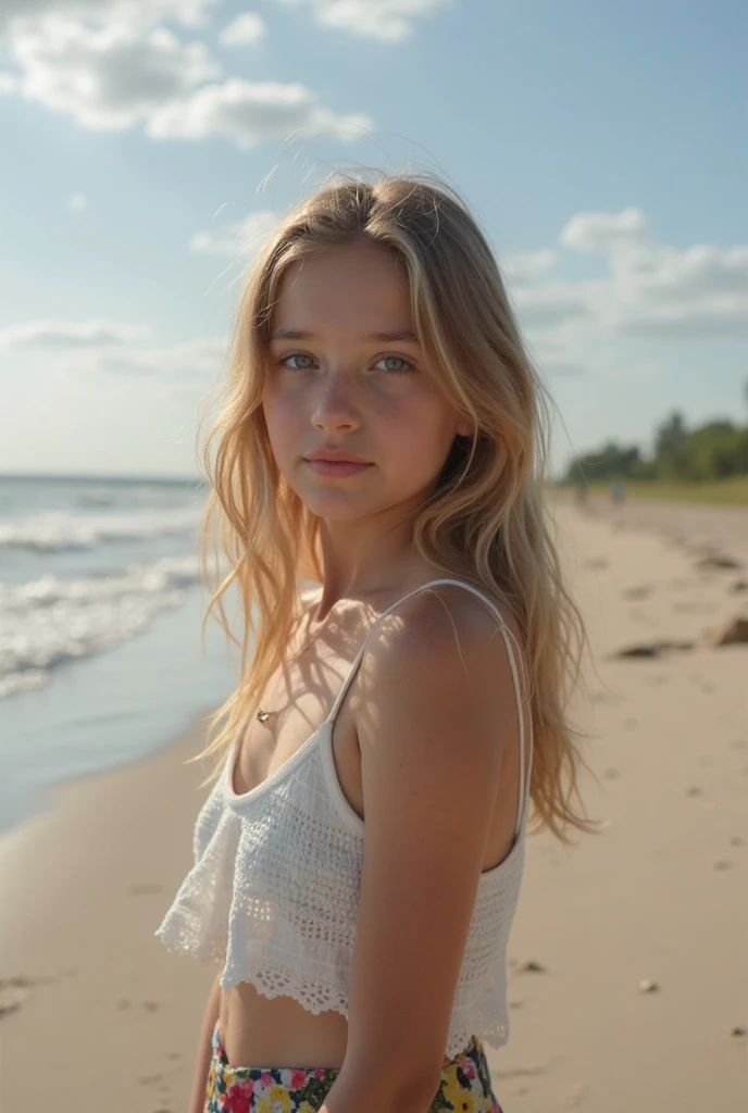 McKenna grace, young girl, blond hair, on a beach smiling at the camera
