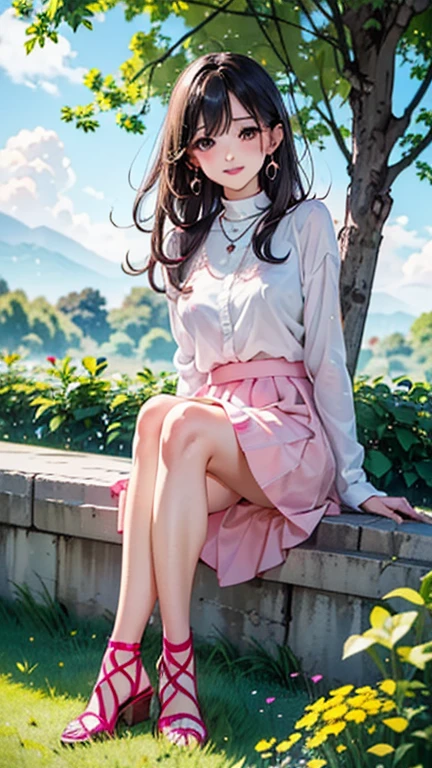 an extremely best quality, masterpiece,extremely detailed,realistic,.A beautiful girl casually standing in front of cherry tree and mecha, center, whole body, mecha, long hair, white miniskirt, long legs, high heels, looking at the camera, photo..