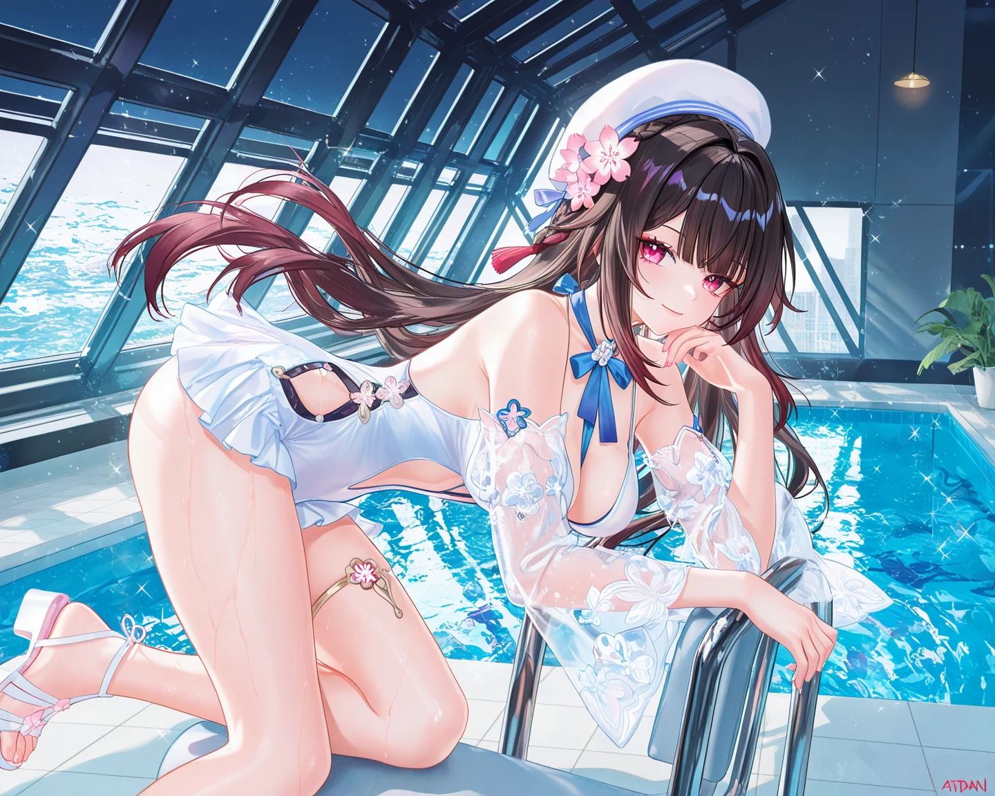 (masterpiece, highest quality, ultra high res, ultra detailed:1.3), 1 cute girl, ideal ratio body proportions, full body, (in snow globe:1.4), in container, (herbarium:1.2), (spherical glass), (floating), (zero gravity), (skirt floating up by buoyancy:1.2), solo focus, submerged, underwater, air bubble, bright lighting, spherical glass wall, pink medium hair, small , (white pantie