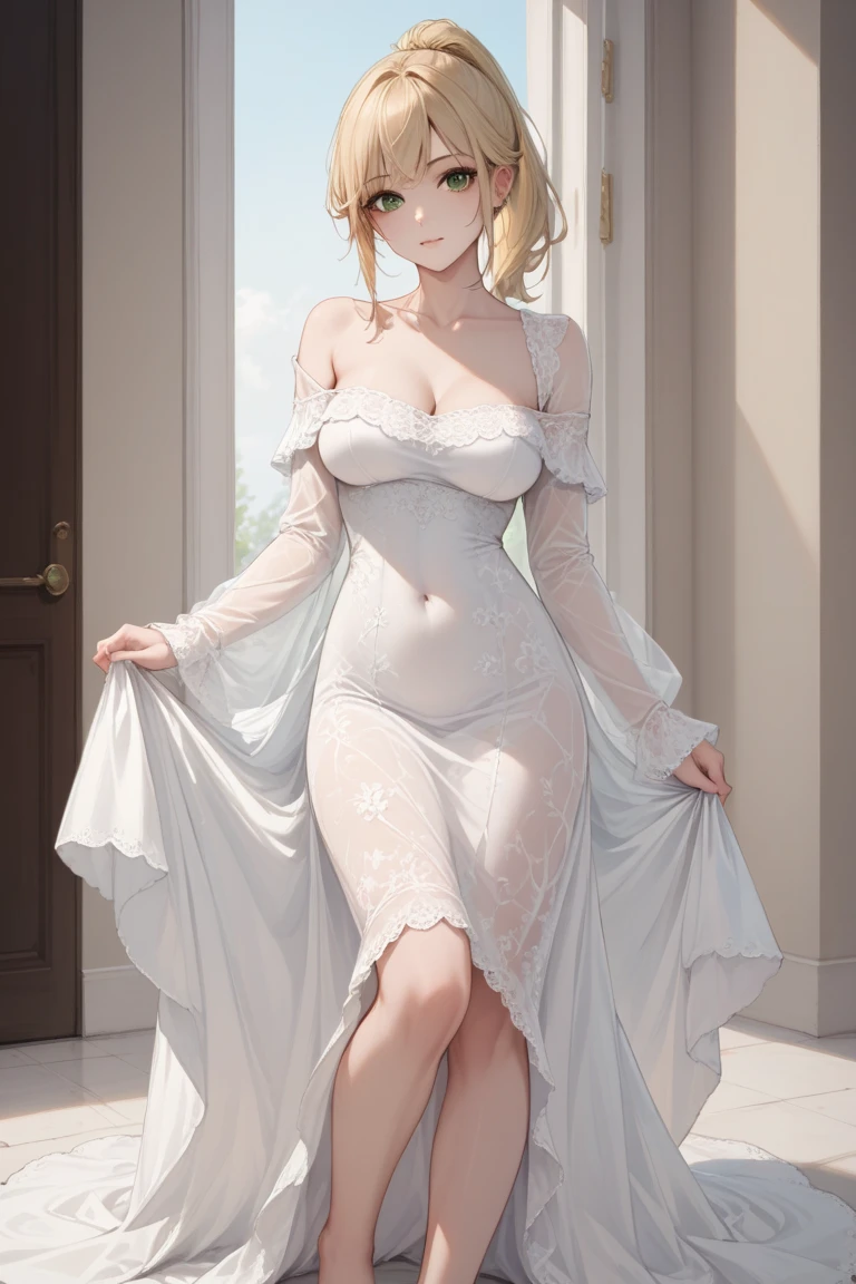 Yamanaka Ino, white lace panties, lace strapless, ligas de encaje en muslos, medias de encaje, pechos grandes, small nippless, bedroom, fullbody, amanecer
