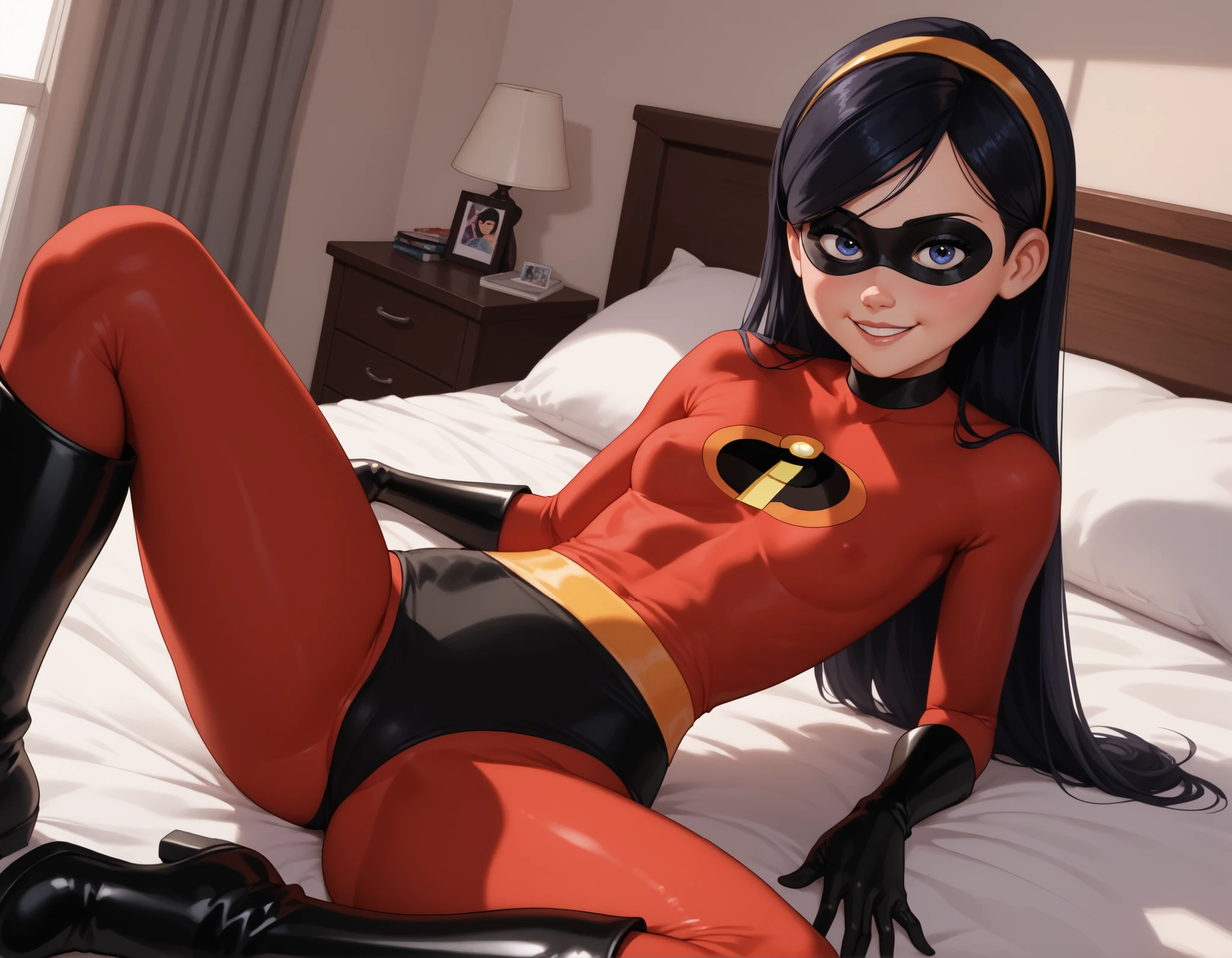 Anime1 girl, Violet Parr, smile,looking at viewer, blue eyes, half closed eyes, sensual expression, incredibles outfit, black high cut panty briefs, red bodysuit leggings, laying on bed, (spread legs), (one knee up), small breasts, black gloves, black knee boots, long dark hair, laying on bed, indoors, happy, black eye mask, dynamic angle, dutch angle, crotch close up