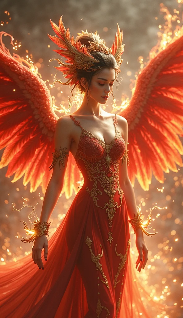 Highest quality、masterpiece、Ultra-high resolution、32k、expensive、Model Body Type、One Girl, Female Fire Spirit, Redhead, spring, ,The upper body is visible、((Delicate illustrations drawn in detail:1.8)),((Clothes with intricate decorations:1.5))、(((A large amount of sparks is flying)))、Sacred robe、Sexy clothes、Lots of gold ornaments、Red and orange attire、Correct number of limbs、(((Above the flames)))、(((Hellfire)))、((Red eyes))、(((Wearing flame on the body)))、Swirling flames in the background、Standing with your legs apart