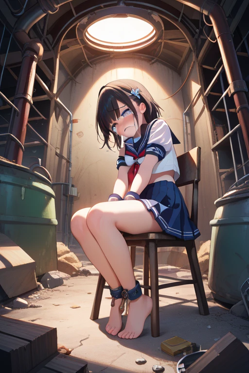(Photorealistic:1.5), (masterpiece、Highly detailed 8K CG、Sharp lines:1.2)、hi-school girl、A dark-haired、thighs thighs thighs thighs、Beautiful anime 、Smooth Anime CG Art、Beautiful anime 、Beautiful anime girl, (10year-old beautiful girl:1.4), Detailed skin, (gleaming skin:1.6)、short-hair、Beautiful black hair、brown Eye、(many streaming sweat:1.2), (flat chest:1.6), (gaunt:1.5), (student clothes:1.7), (a sailor suit:1.6), (Dark blue pleated skirt:1.6), (full body:2.2), solo, (one girl:1.4), (kneeling:1.5), (from side:1.5), (from below:1.3), Inside the classroom, (blush:1.5), (anguish:1.4), (spread legs:1.4), (open mouth:1.3), (Lots of clear drool overflows from her mouth and drips from her chin.:1.4), (half closed eyes:1.3), (crying:1.4), (many Tentacles clinging to her:1.4), (short sleeve:1.2), (navy socks:1.5), (brown loafers:1.5), (arms behind back:1.5), (arched back:1.4), (Beautiful legs:1.5),