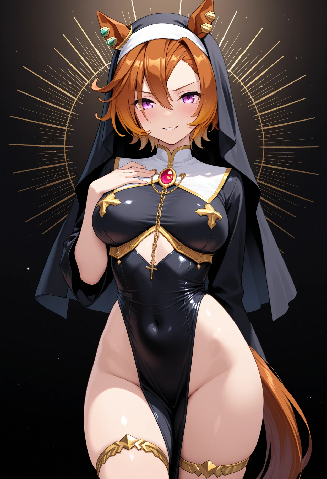Sun angel woman, yellow eyes, Short yellow and orange hair, soft smile, Long golden crown on head, Big golden sun shape necklace around neck, Long white cape on back. full naked body exposed, Medium breast, nipples exposed, Vagina exposed
