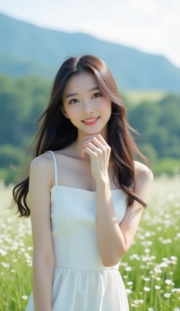 8K, Ultra-high resolution, Highest quality, masterpiece, 三分割法によるphotograph,Surreal, photograph, 1 girl, (16 years old:1.3), pretty girl, Cute face, Beautiful eyes in every detail, 細かくdetailedに,masterpiece,, One Girl:1.2, Japan Female Announcer,whole body、Black Hair、well-groomed eyebrows、Cute Lip Makeup,Minimalist Travel,Lonely, Green grassland,空を見上げる1 girl, Minimalism, In the savannah, figure,最もdetailedな,Cute gestures、so beautiful,A carefree smile,Healing the heart,Long Straight Hair,Looking at the audience、beauty,Long neck、Laugh a little、Please close your mouth and laugh、(((Ideal body type))),A-cup small breasts :2,、Portraiture:2、Perfect Anatomy、鮮明なdetailed、detailed、Surreal、Light and shadow,Strong light