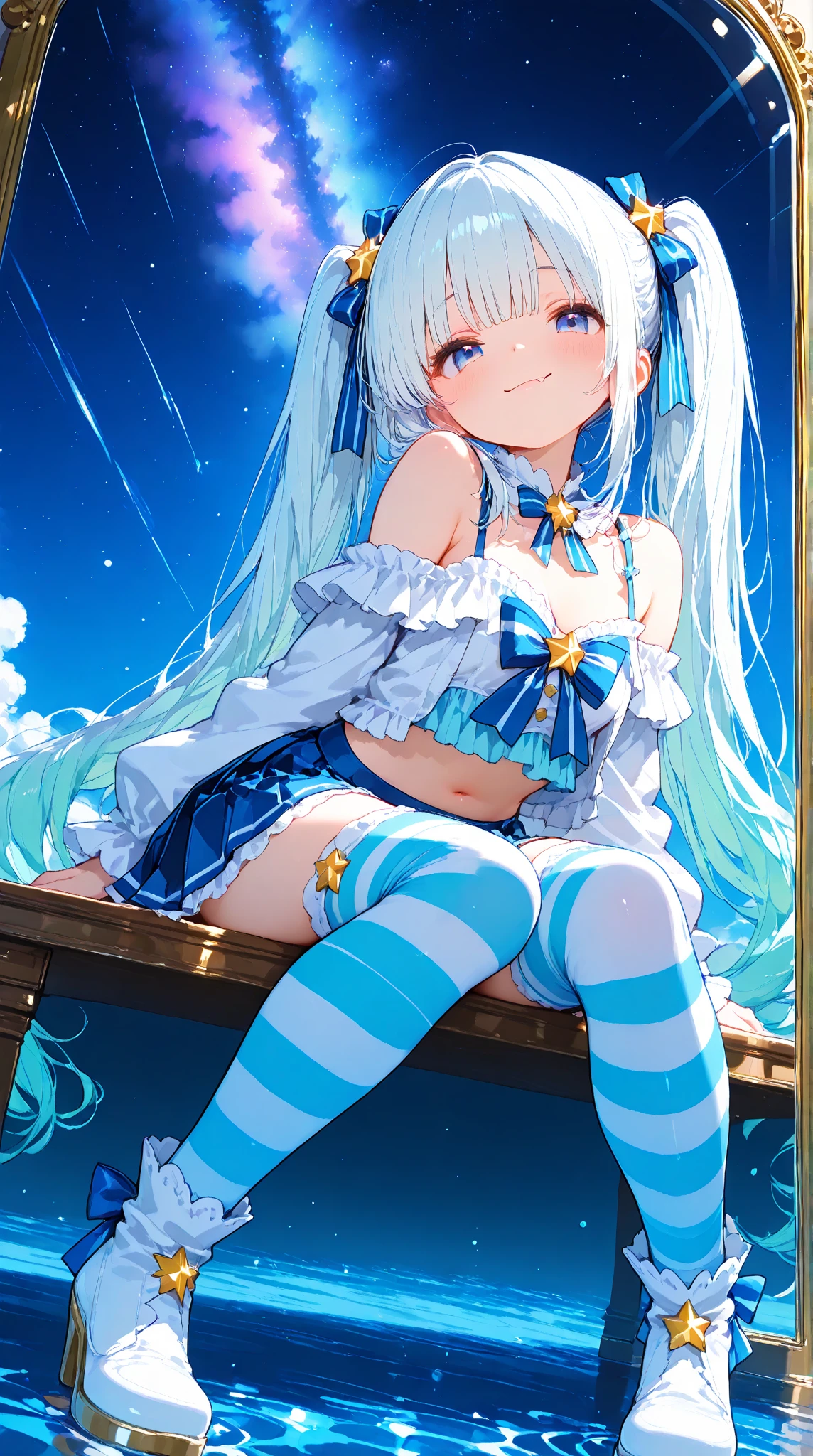 Blue bunny, white hair, long ponytail, white stockings