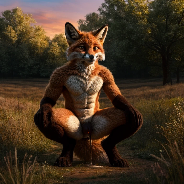 anthro (fox), male solo, squatting, facing camera, seductive smirk, legs open, no clothes, correct anatomy, ultra detailed, orange fur, white chest, white abdomen, ((naked, sheath, erecttion)) --auto --s2