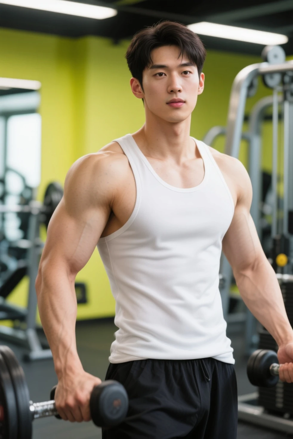 Asian men's gym wears a full tank top , musculoso, altura 190 cm, ombros grandes, Large, muscular feet, (Detalhe do Draw Eye), (Realismo de Hentail)